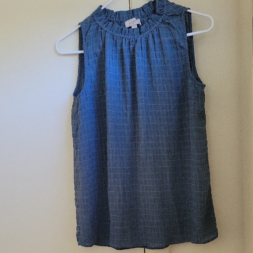 LOFT Ann Taylor Slate Blue Textured Smocked Blouse Gauze Feel Ruffled  Neck S